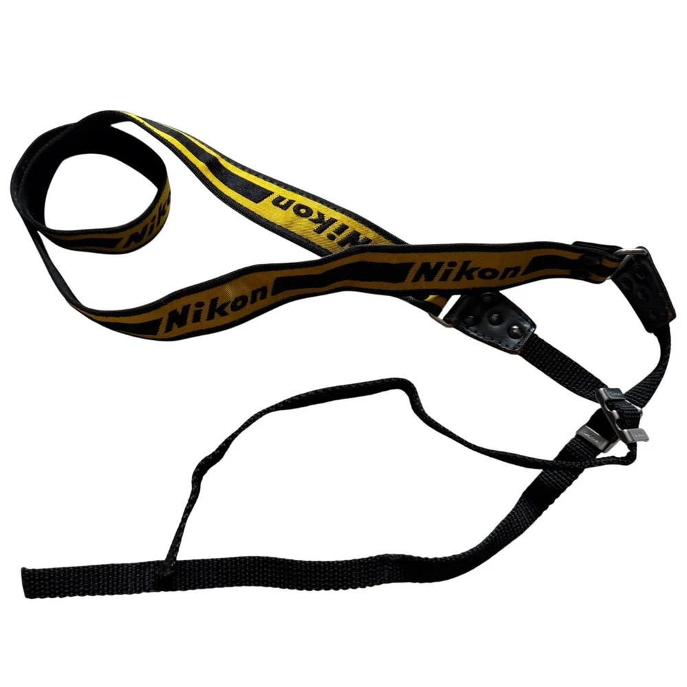 Vintage Nikon Camera Neck Strap Yellow Black Woven Logo Japan Metal Buckles